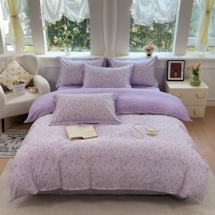 91家纺网 家纺一手货源 找家纺 铭博家纺 2026新款100%全棉纯棉四件套第一批 云梦海棠-紫