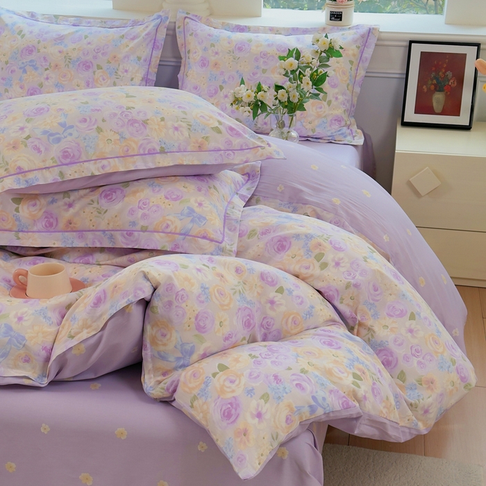 91家纺网 家纺一手货源 找家纺 铭博家纺 2026新款100%全棉纯棉四件套第一批 花开似锦-紫