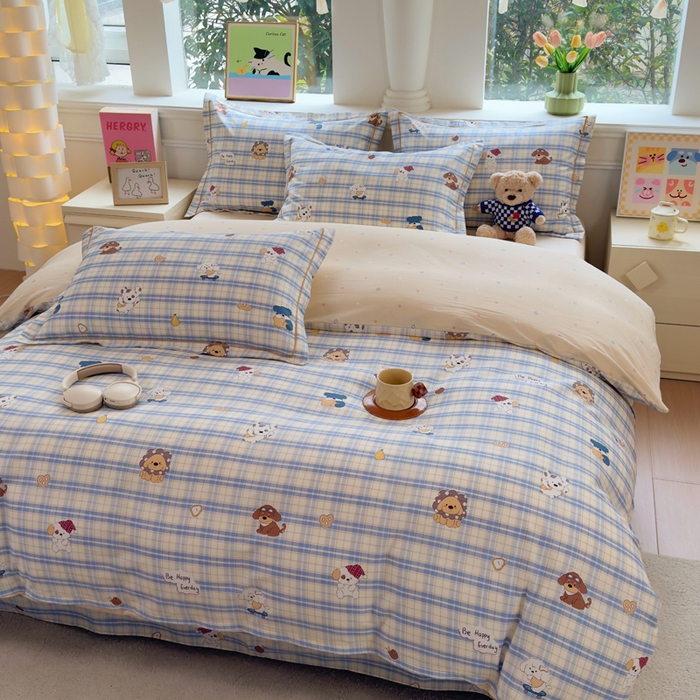 91家纺网 家纺一手货源 找家纺 铭博家纺 2026新款100%全棉纯棉四件套第一批 俏皮狗蓝