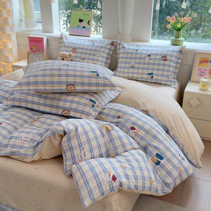 91家纺网 家纺一手货源 找家纺 铭博家纺 2026新款100%全棉纯棉四件套第一批 俏皮狗蓝