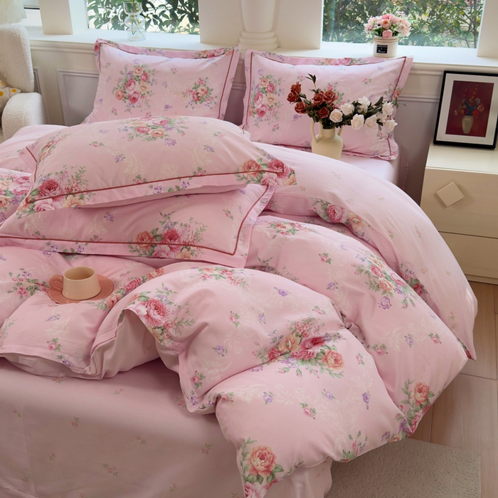 91家纺网 家纺一手货源 找家纺 铭博家纺 2026新款100%全棉纯棉四件套第一批 云舒花-粉