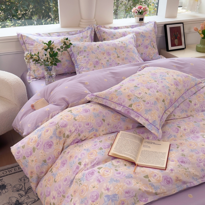 91家纺网 家纺一手货源 找家纺 铭博家纺 2026新款100%全棉纯棉四件套第一批 花开似锦-紫