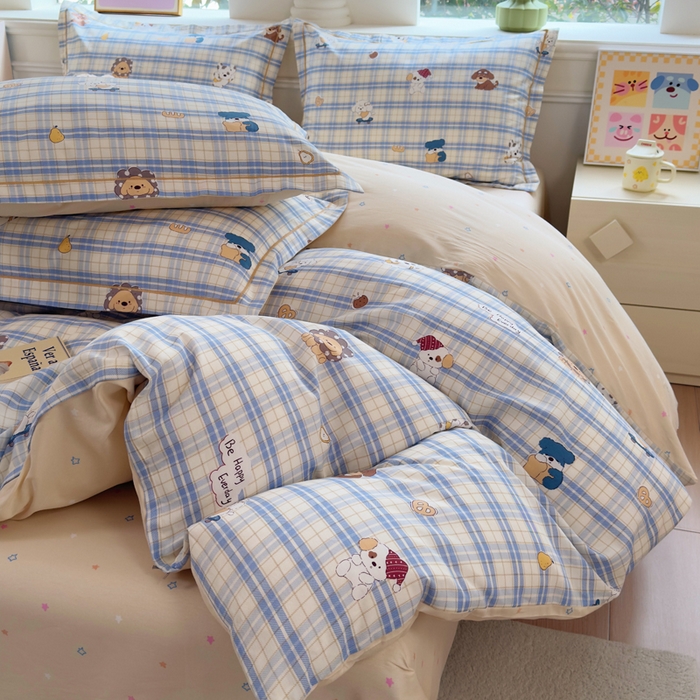 91家纺网 家纺一手货源 找家纺 铭博家纺 2026新款100%全棉纯棉四件套第一批 俏皮狗蓝