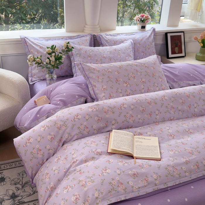 91家纺网 家纺一手货源 找家纺 铭博家纺 2026新款100%全棉纯棉四件套第一批 云梦海棠-紫