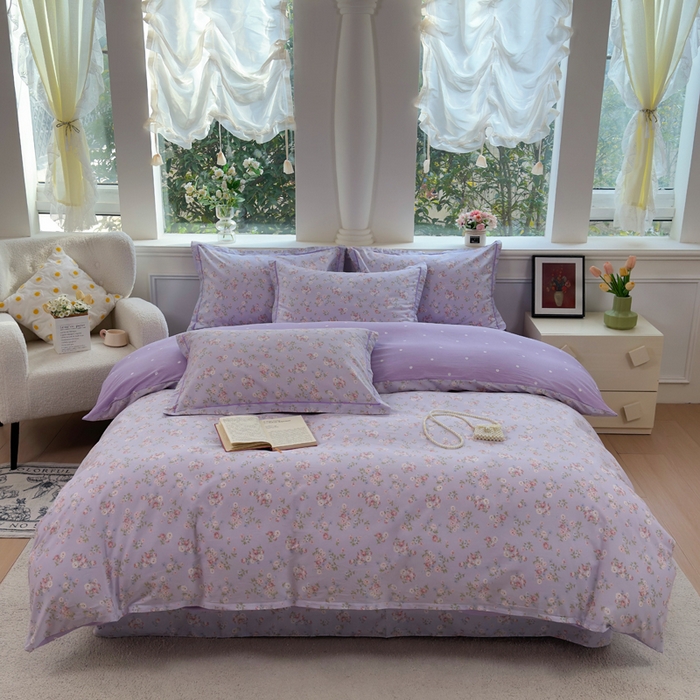 91家纺网 家纺一手货源 找家纺 铭博家纺 2026新款100%全棉纯棉四件套第一批 云梦海棠-紫