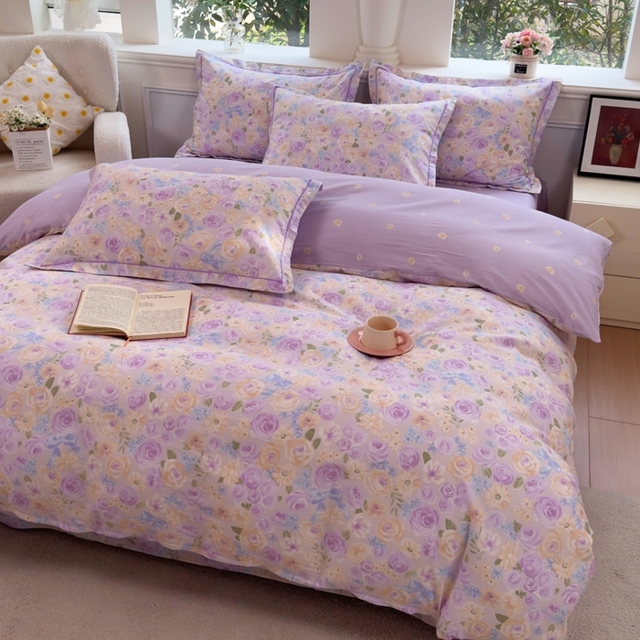 91家纺网 家纺一手货源 找家纺 铭博家纺 2026新款100%全棉纯棉四件套第一批 花开似锦-紫