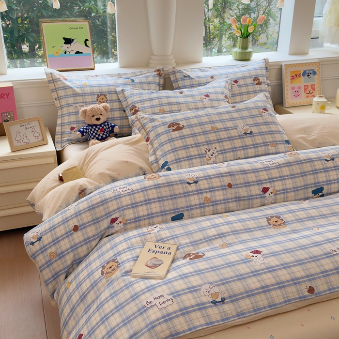 91家纺网 家纺一手货源 找家纺 铭博家纺 2026新款100%全棉纯棉四件套第一批 俏皮狗蓝