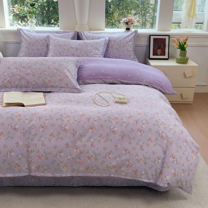 91家纺网 家纺一手货源 找家纺 铭博家纺 2026新款100%全棉纯棉四件套第一批 云梦海棠-紫