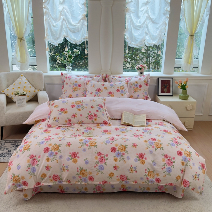 91家纺网 家纺一手货源 找家纺 铭博家纺 2026新款100%全棉纯棉四件套第一批 花萃清风-粉