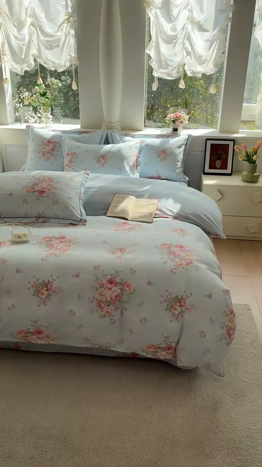 91家纺网 家纺一手货源 找家纺 铭博家纺 2026新款100%全棉纯棉四件套第一批 云舒花-蓝