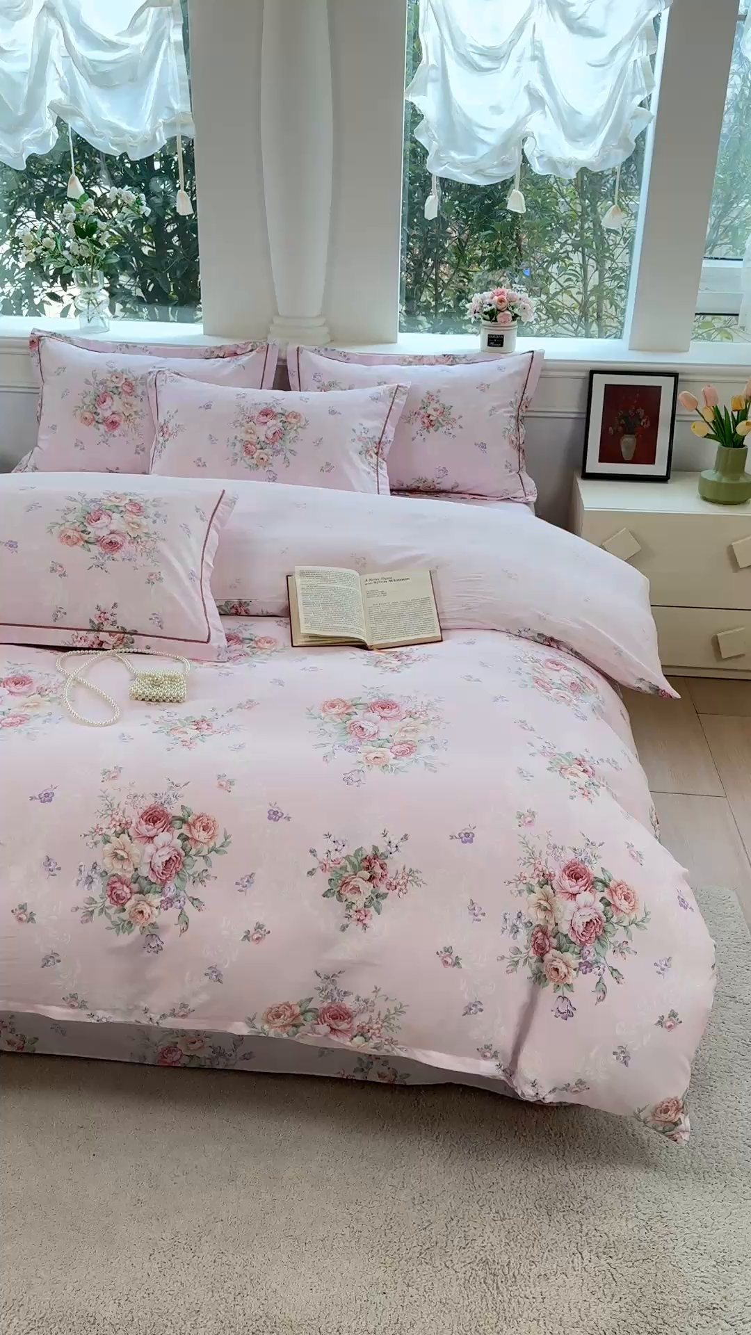 91家纺网 家纺一手货源 找家纺 铭博家纺 2026新款100%全棉纯棉四件套第一批 云舒花-粉