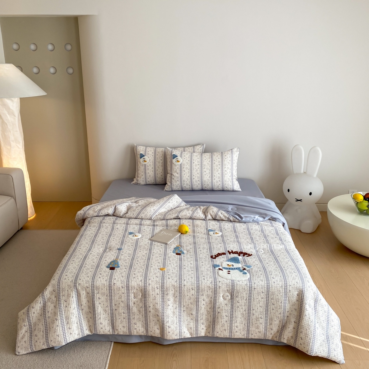 鸣升家纺 2026新款a类全棉华夫格贴布绣全棉夏被四件套空调被芯夏凉被棉花被 乐天雪人