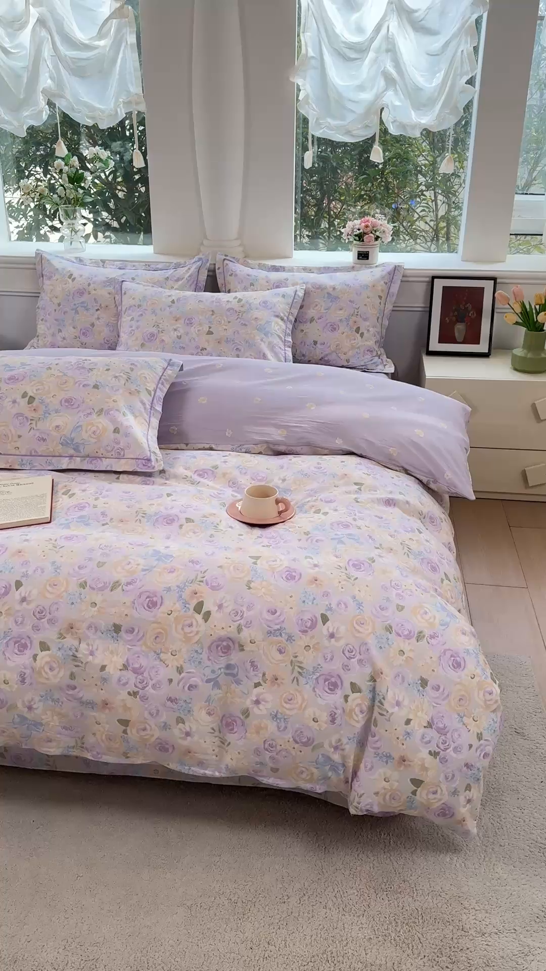 91家纺网 家纺一手货源 找家纺 铭博家纺 2026新款100%全棉纯棉四件套第一批 花开似锦-紫