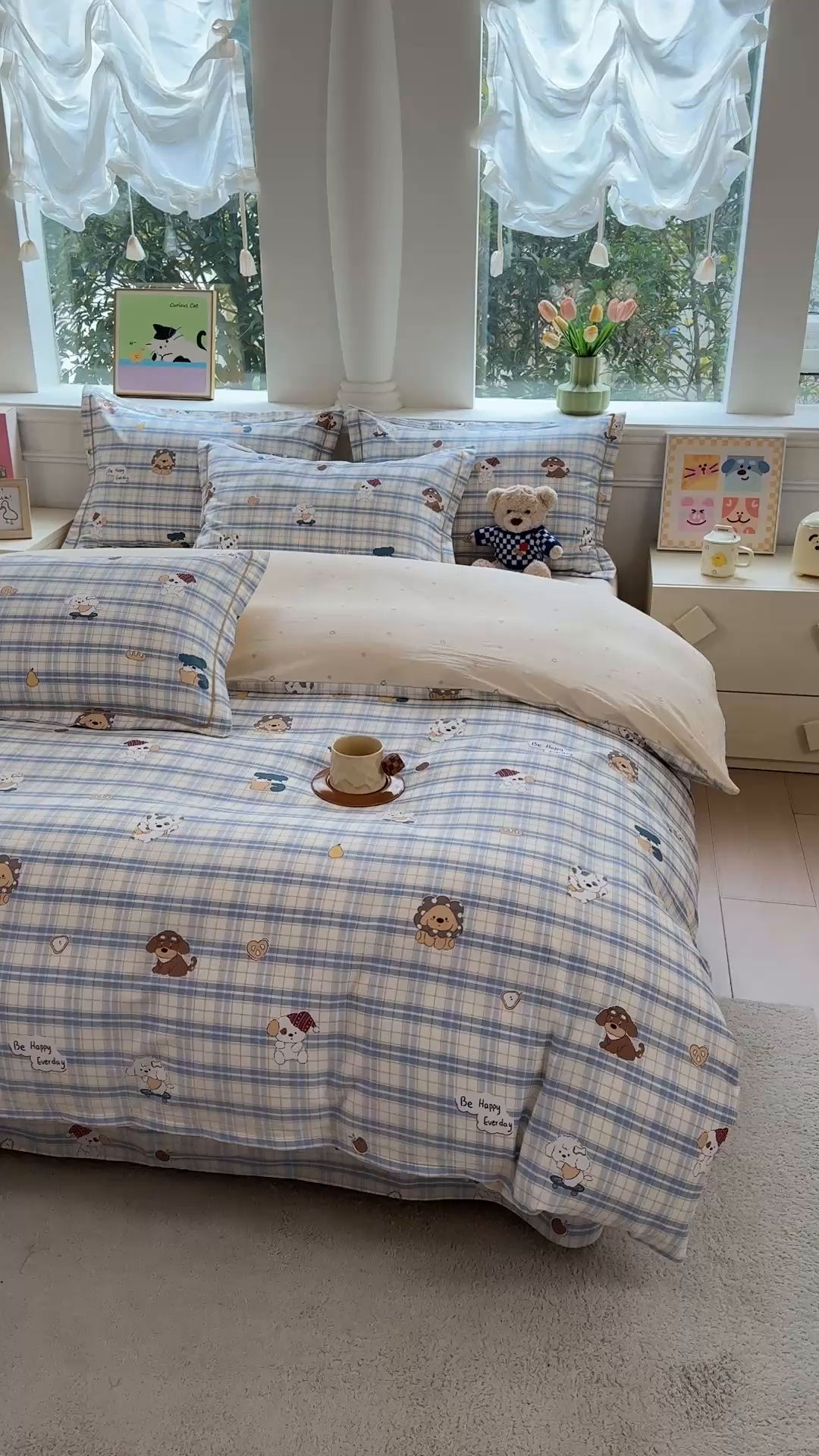 91家纺网 家纺一手货源 找家纺 铭博家纺 2026新款100%全棉纯棉四件套第一批 俏皮狗蓝