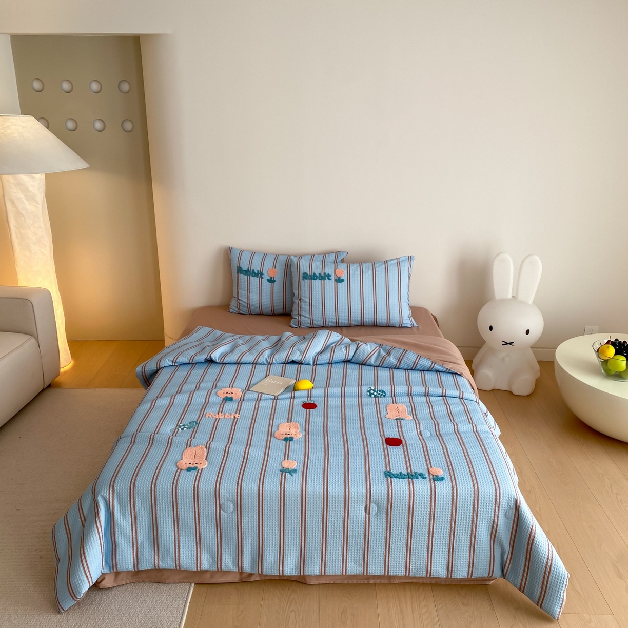 鸣升家纺 2026新款a类全棉华夫格贴布绣全棉夏被四件套空调被芯夏凉被棉花被 平安兔