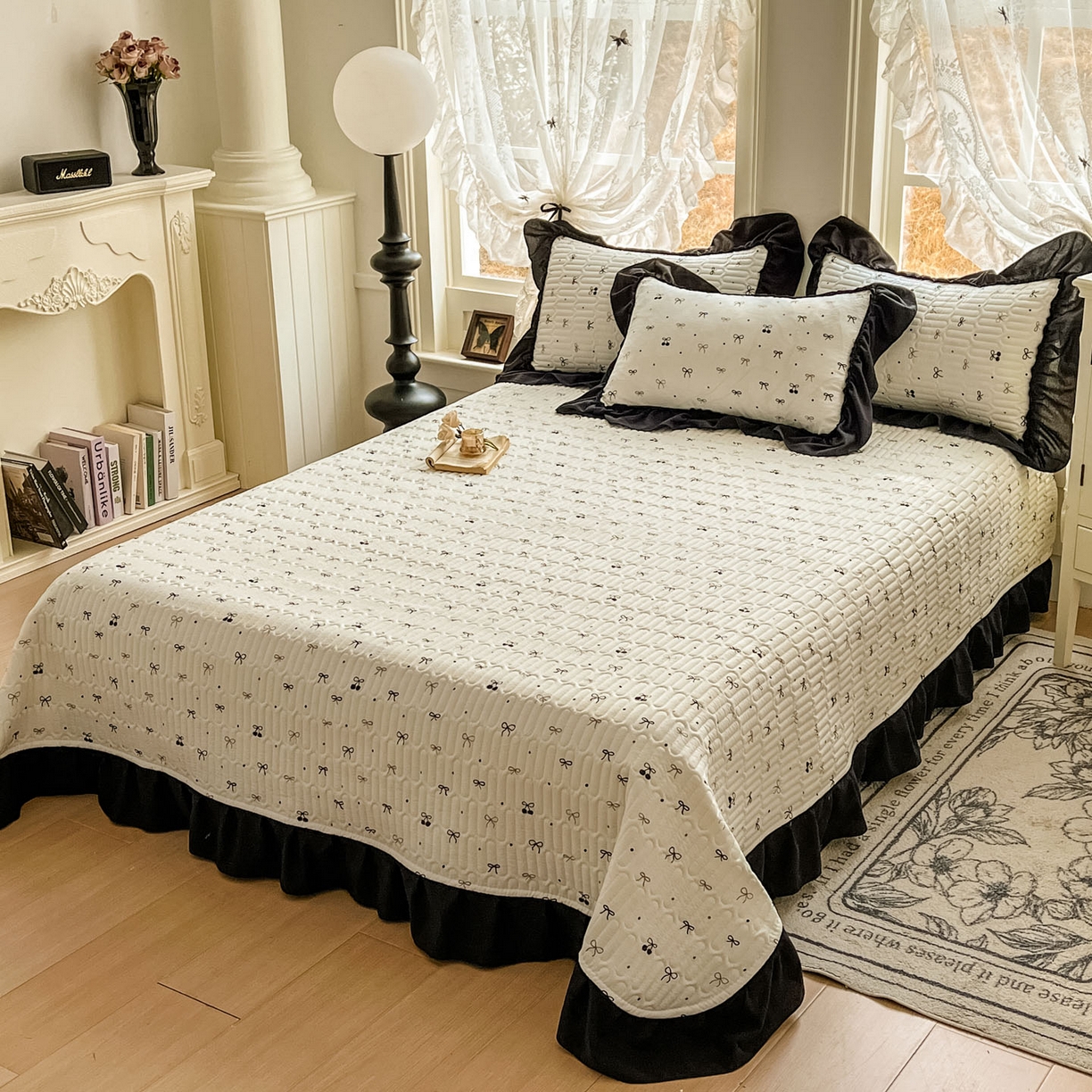 91家纺网 家纺一手货源 找家纺 美梦家纺 2026新款赫本风云感棉床盖四件套 黑樱梦境