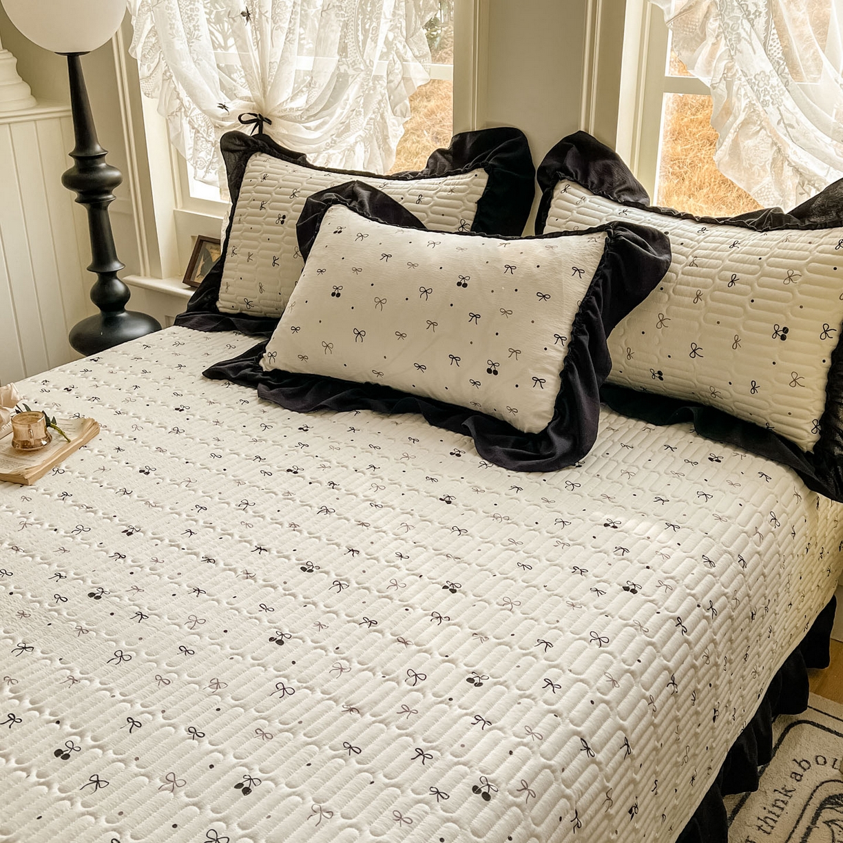 91家纺网 家纺一手货源 找家纺 美梦家纺 2026新款赫本风云感棉床盖四件套 黑樱梦境