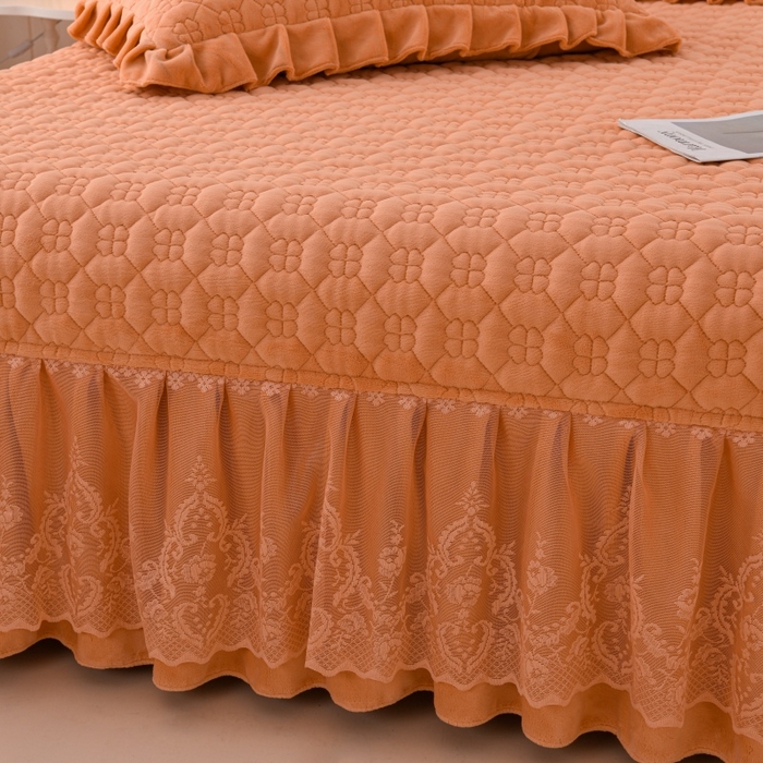 91家纺网 家纺一手货源 找家纺 优家居工厂店 2026新款240克高克重牛奶绒韩版牛奶绒夹棉床盖三件套床裙三件套直播热款-栀子花 栀子花-橙色