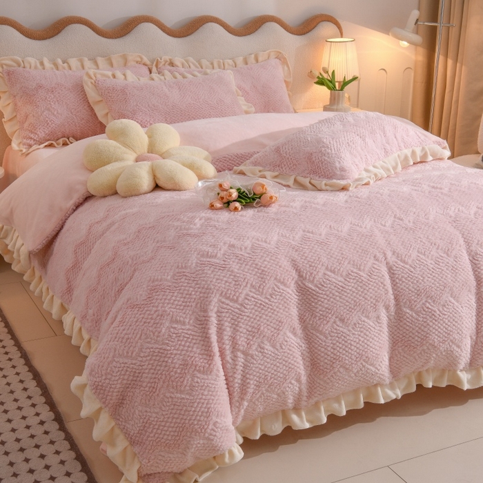 91家纺网 家纺一手货源 找家纺 优家居工厂店 2026新款加厚兔毛绒四件套 水波兔-粉