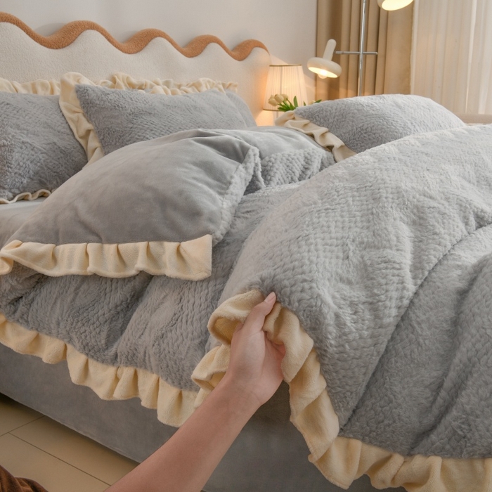 91家纺网 家纺一手货源 找家纺 优家居工厂店 2026新款加厚兔毛绒四件套 水波兔-灰