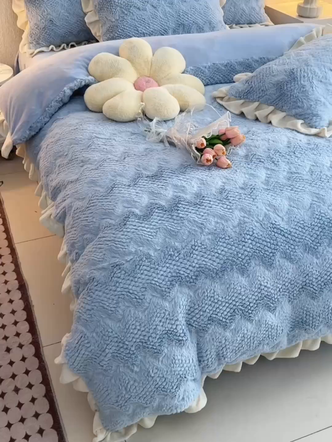91家纺网 家纺一手货源 找家纺 优家居工厂店 2026新款加厚兔毛绒四件套 水波兔-蓝