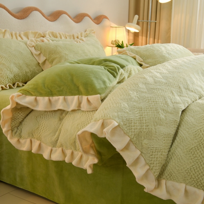 91家纺网 家纺一手货源 找家纺 优家居工厂店 2026新款加厚兔毛绒四件套 水波兔-绿