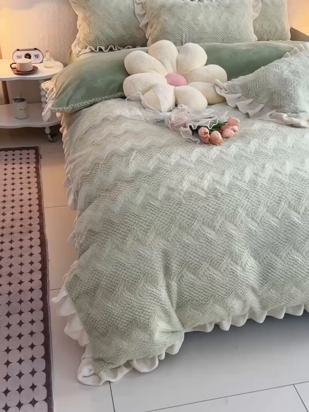 91家纺网 家纺一手货源 找家纺 优家居工厂店 2026新款加厚兔毛绒四件套 水波兔-绿