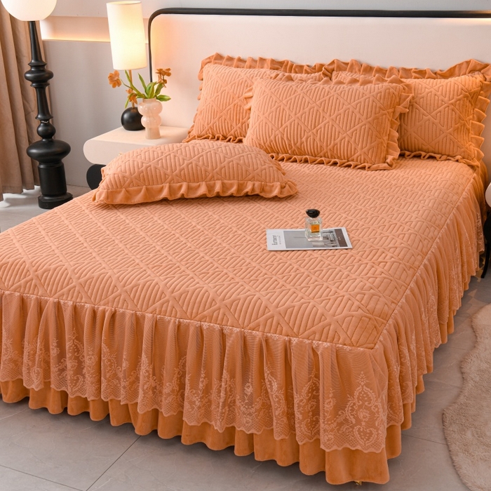 91家纺网 家纺一手货源 找家纺 优家居工厂店 2026新品240克高克重牛奶绒韩版牛奶绒夹棉床裙四件套床裙三件套直播热款-东方韵 东方韵-橙色