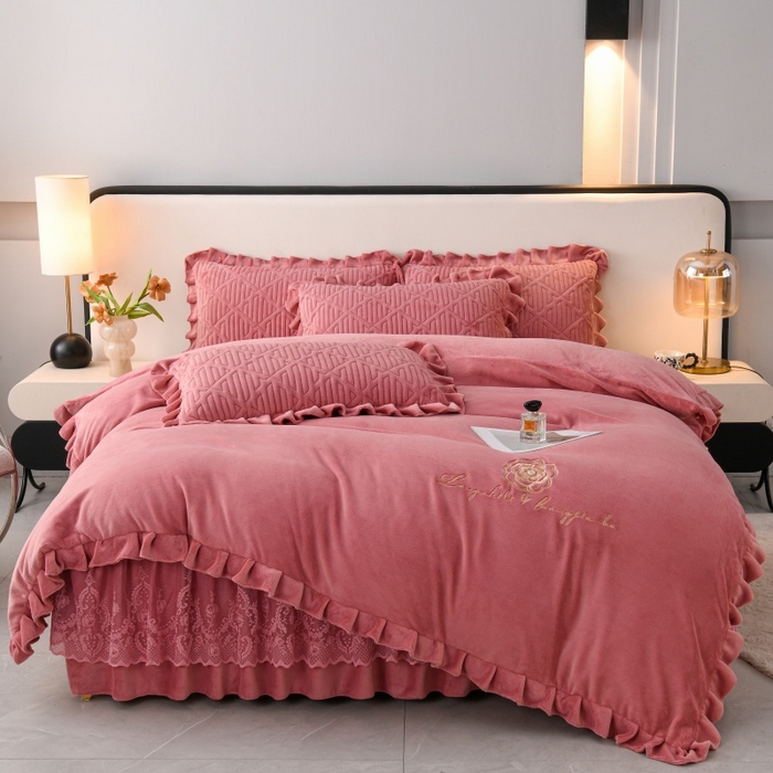 91家纺网 家纺一手货源 找家纺 优家居工厂店 2026新品240克高克重牛奶绒韩版牛奶绒夹棉床裙四件套床裙三件套直播热款-东方韵 东方韵-豆沙