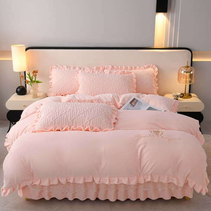 优家居工厂店 2026新品240克高克重牛奶绒韩版牛奶绒夹棉床裙四件套床裙三件套直播热款-东方韵 东方韵-浅粉