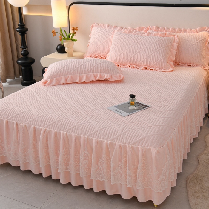 91家纺网 家纺一手货源 找家纺 优家居工厂店 2026新品240克高克重牛奶绒韩版牛奶绒夹棉床裙四件套床裙三件套直播热款-东方韵 东方韵-浅粉