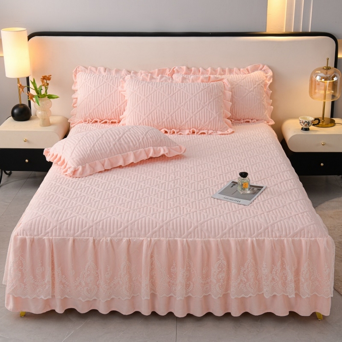 91家纺网 家纺一手货源 找家纺 优家居工厂店 2026新品240克高克重牛奶绒韩版牛奶绒夹棉床裙四件套床裙三件套直播热款-东方韵 东方韵-浅粉