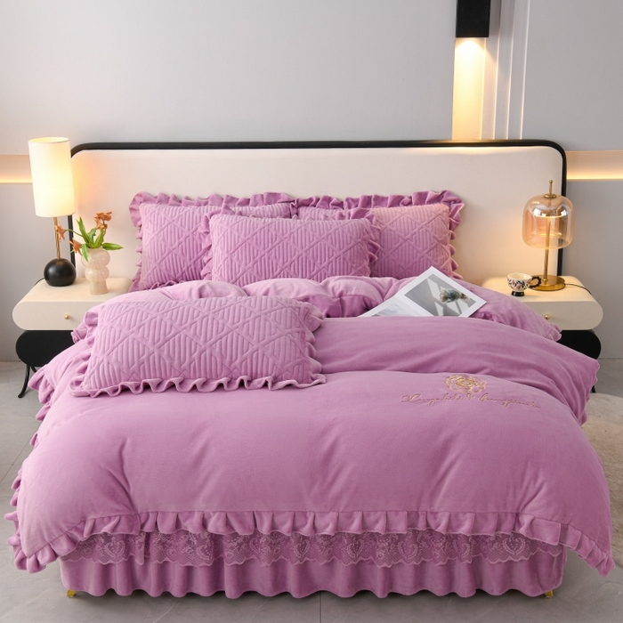 优家居工厂店 2026新品240克高克重牛奶绒韩版牛奶绒夹棉床裙四件套床裙三件套直播热款-东方韵 东方韵-紫色