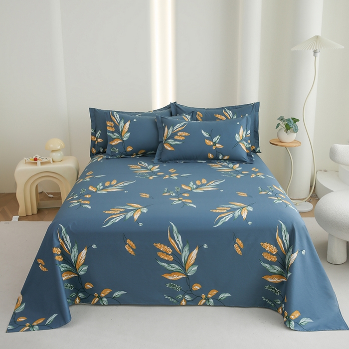 91家纺网 家纺一手货源 找家纺 优家居工厂店 2026新款13360纯棉床单单件印花全棉加厚大学生宿舍三件套 蓝韵叶影