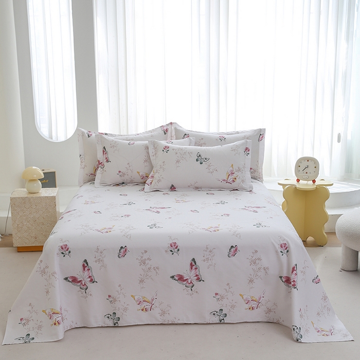 91家纺网 家纺一手货源 找家纺 优家居工厂店 2026新款13360纯棉床单单件印花全棉加厚大学生宿舍三件套 翩蝶