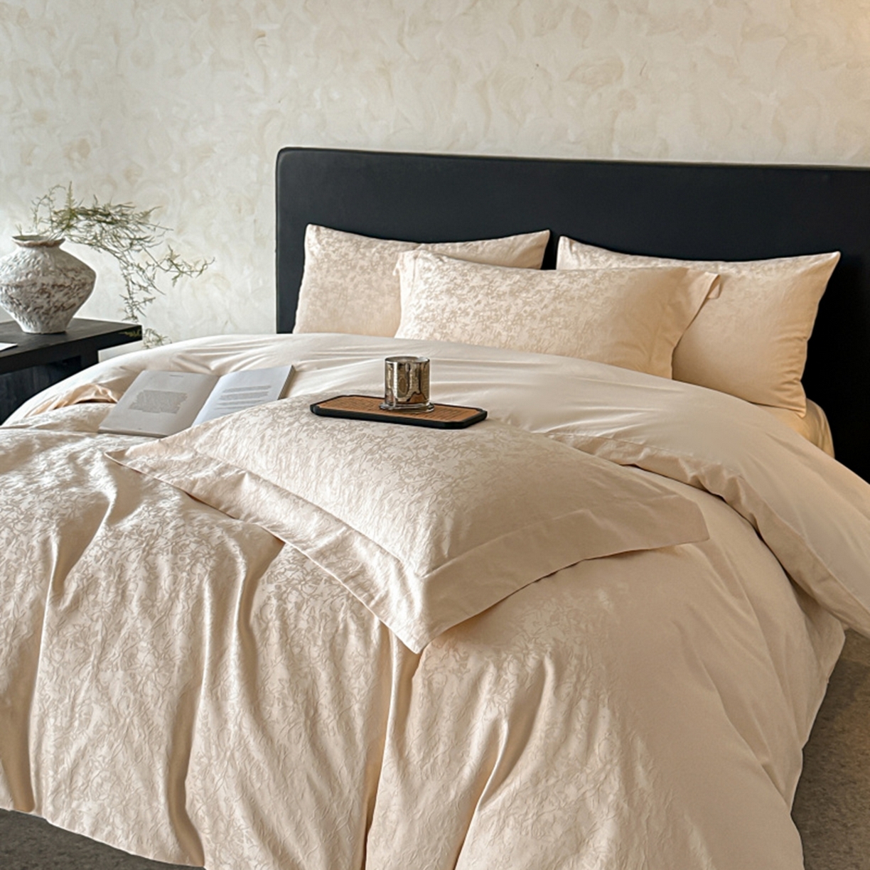 91家纺网 家纺一手货源 找家纺 涵美人家纺 2025新款长绒棉真50双股高支全棉提花四件套纯棉 澜汐035