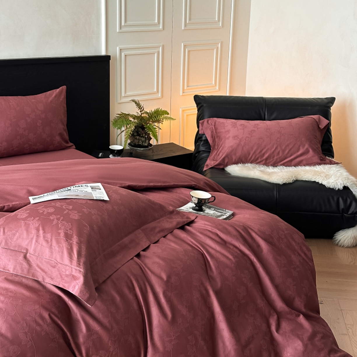 91家纺网 家纺一手货源 找家纺 涵美人家纺 2025新款长绒棉真50双股高支全棉提花四件套纯棉 恬静花开023