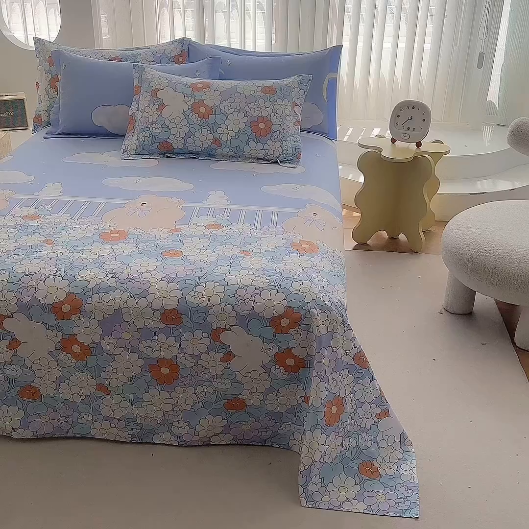 91家纺网 家纺一手货源 找家纺 优家居工厂店 2026新款13360纯棉床单单件印花全棉加厚大学生宿舍三件套 憨憨熊