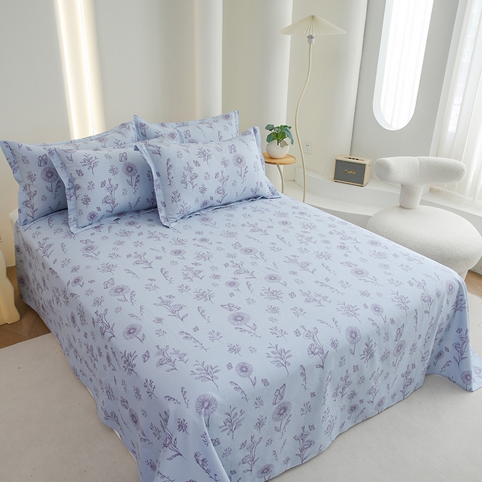 91家纺网 家纺一手货源 找家纺 优家居工厂店 2026新款13360纯棉床单单件印花全棉加厚大学生宿舍三件套 花草集-蓝