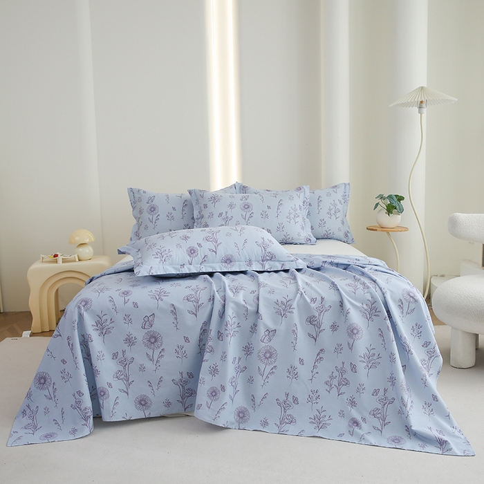 91家纺网 家纺一手货源 找家纺 优家居工厂店 2026新款13360纯棉床单单件印花全棉加厚大学生宿舍三件套 花草集-蓝