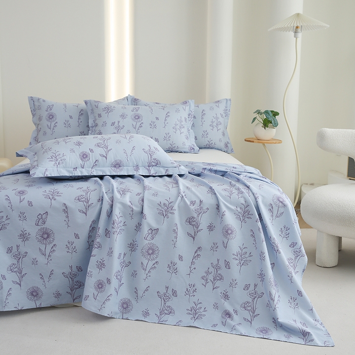 91家纺网 家纺一手货源 找家纺 优家居工厂店 2026新款13360纯棉床单单件印花全棉加厚大学生宿舍三件套 花草集-蓝