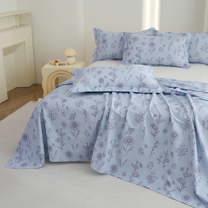 91家纺网 家纺一手货源 找家纺 优家居工厂店 2026新款13360纯棉床单单件印花全棉加厚大学生宿舍三件套 花草集-蓝