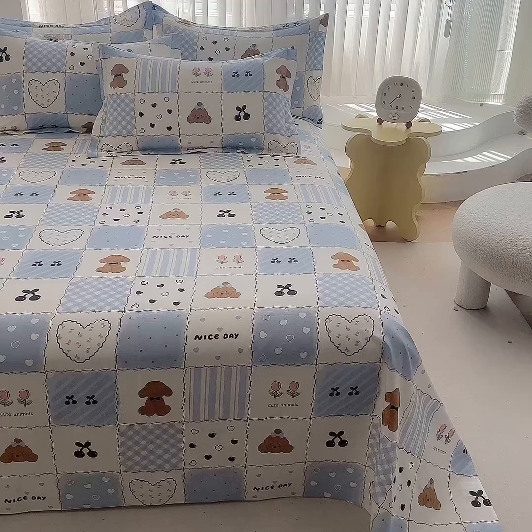 91家纺网 家纺一手货源 找家纺 优家居工厂店 2026新款13360纯棉床单单件印花全棉加厚大学生宿舍三件套 兰黛小熊