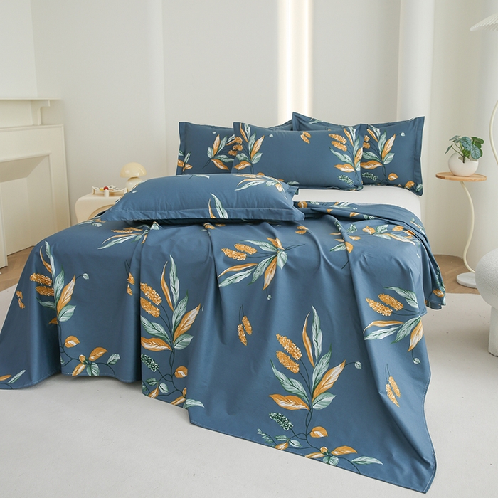 91家纺网 家纺一手货源 找家纺 优家居工厂店 2026新款13360纯棉床单单件印花全棉加厚大学生宿舍三件套 蓝韵叶影