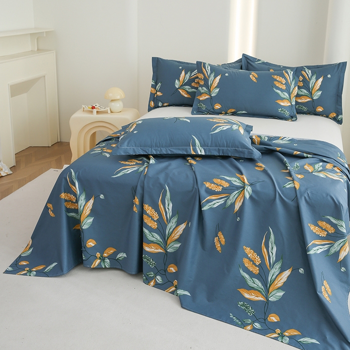 91家纺网 家纺一手货源 找家纺 优家居工厂店 2026新款13360纯棉床单单件印花全棉加厚大学生宿舍三件套 蓝韵叶影