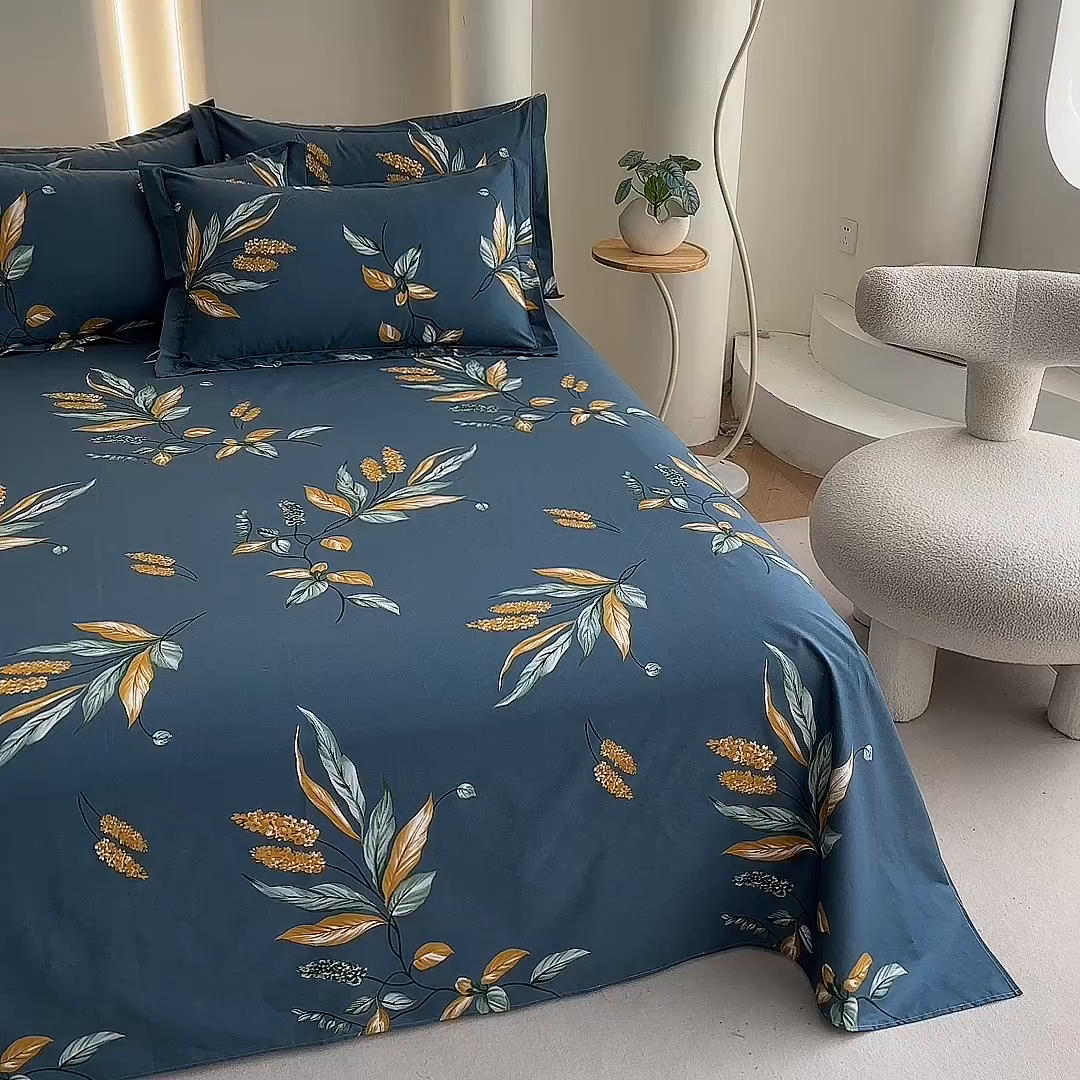 91家纺网 家纺一手货源 找家纺 优家居工厂店 2026新款13360纯棉床单单件印花全棉加厚大学生宿舍三件套 蓝韵叶影