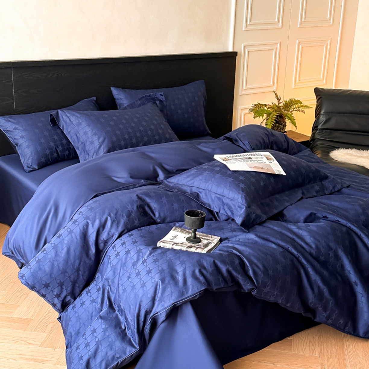 91家纺网 家纺一手货源 找家纺 涵美人家纺 2025新款长绒棉真50双股高支全棉提花四件套纯棉 星柠122