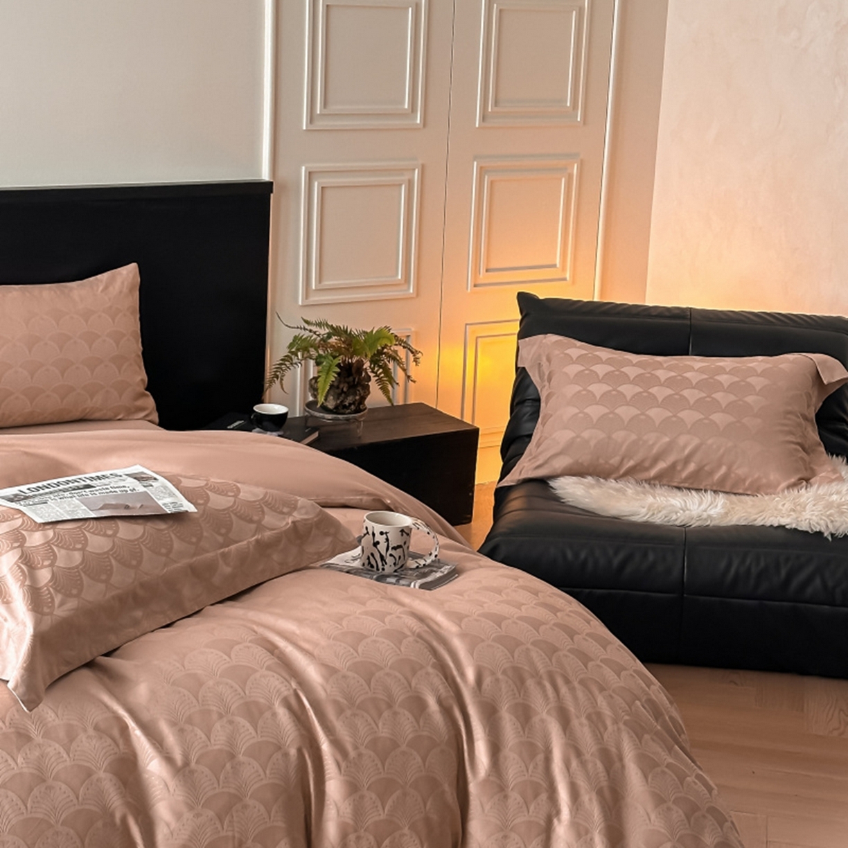 91家纺网 家纺一手货源 找家纺 涵美人家纺 2025新款长绒棉真50双股高支全棉提花四件套纯棉 叶繁039