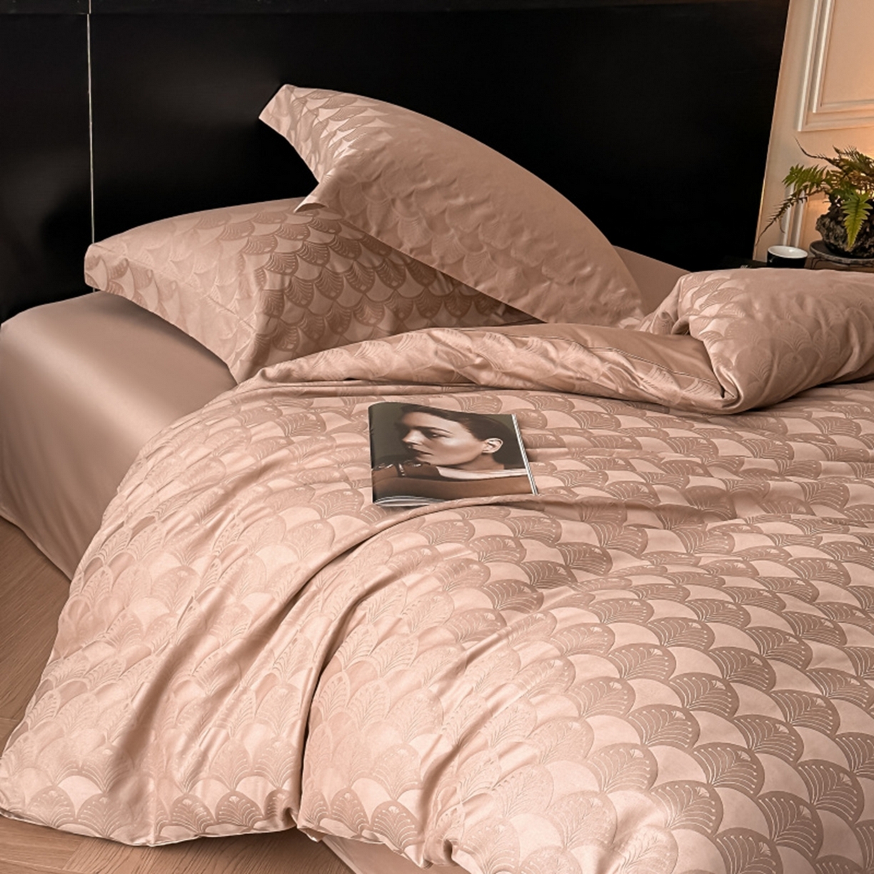 91家纺网 家纺一手货源 找家纺 涵美人家纺 2025新款长绒棉真50双股高支全棉提花四件套纯棉 叶繁039