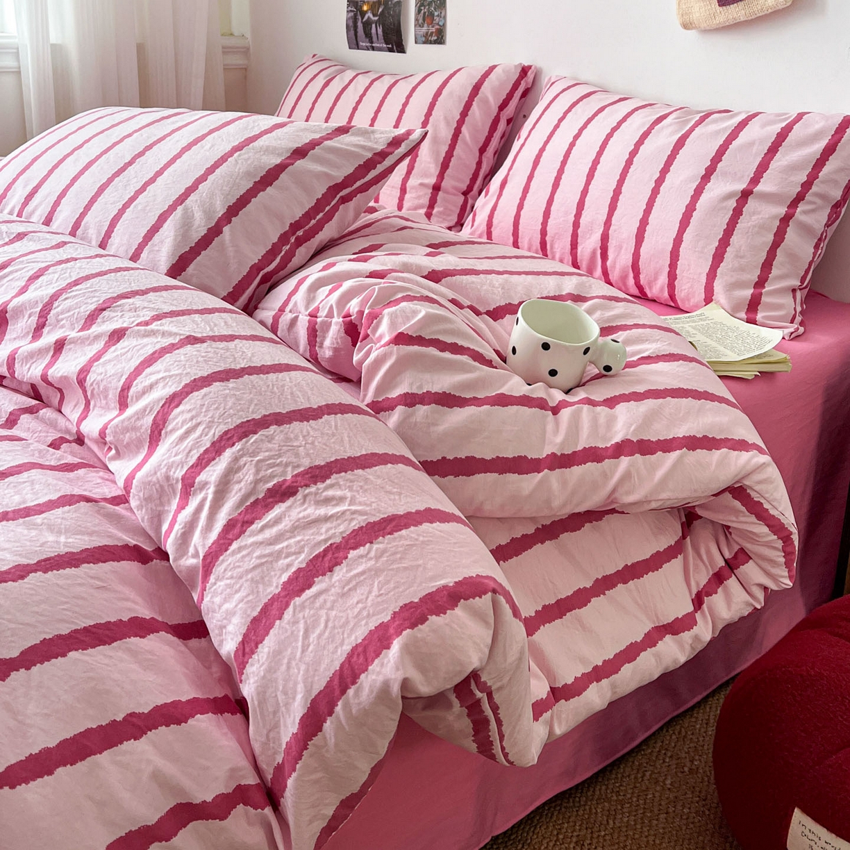 91家纺网 家纺一手货源 找家纺 （总）逸林家纺《原希尔顿逸林》 2026新款简约印花古法水洗棉三件套拼色床单款学生三件套条纹被套单品三件套